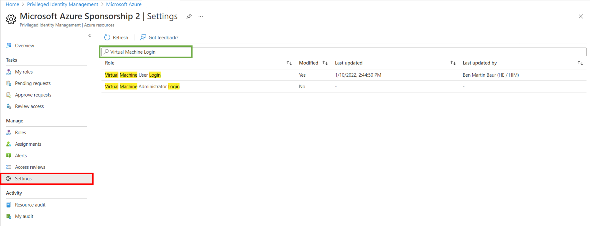 This image shows the Azure portal and the PIM enabled subscription