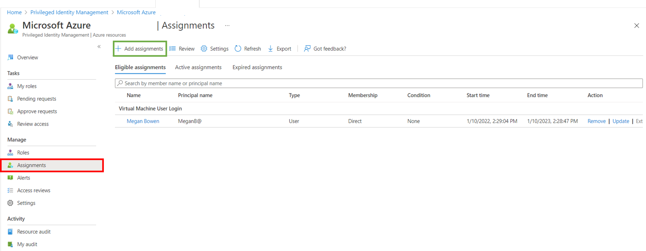 This image shows the Azure portal and the PIM enabled subscription