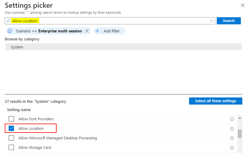 This image shows the Intune Settings picker for Allow Location