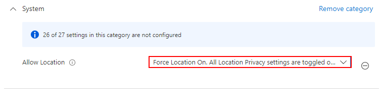 This image shows the Intune Settings Catalog to allow location