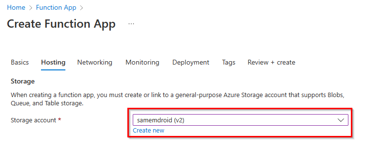 This image shows the Azure feature creation hosting tab