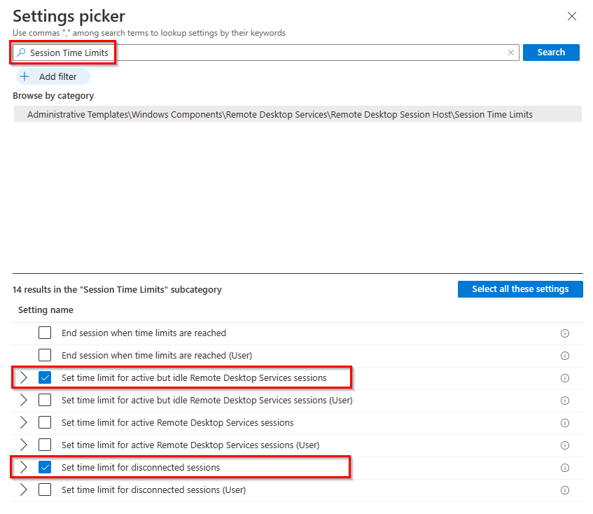 This image shows the Intune settings picker