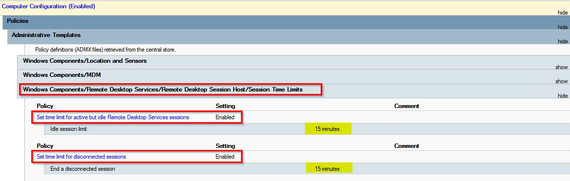 This image shows the GPO RDP Timeout settings