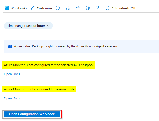This image shows the AVD Insights not yet configured and highlighted the open configuration workbook