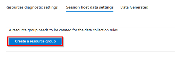 This image shows the Session host data settings tab to create a resource group for AVD Insights