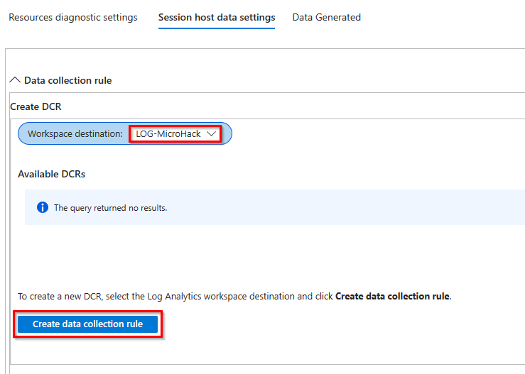 This image shows the option to create a data collection rule and select the Log Analytics Workspace. 
