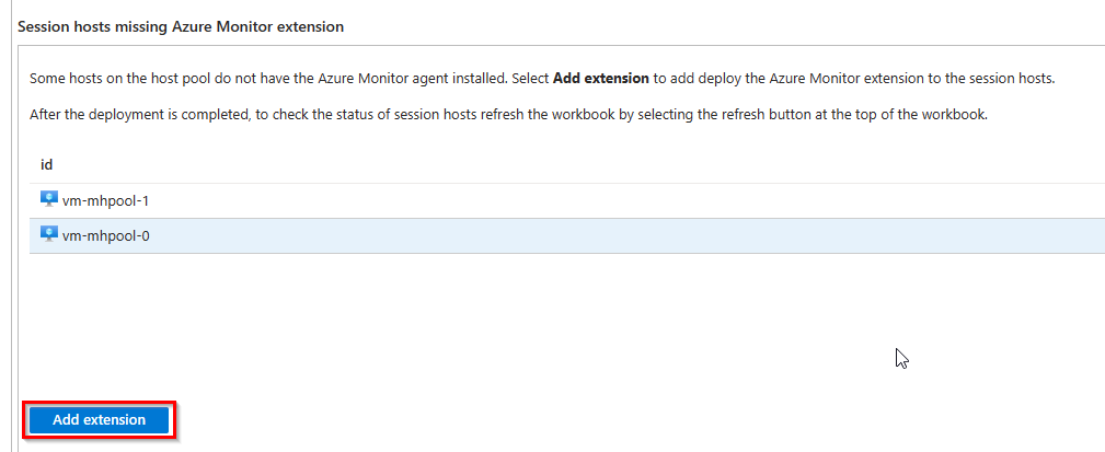 This image shows the option to add the Azure Monitor extension to all session hosts.