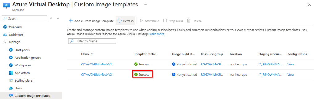 Image shows the successfully created user-defined image template.
