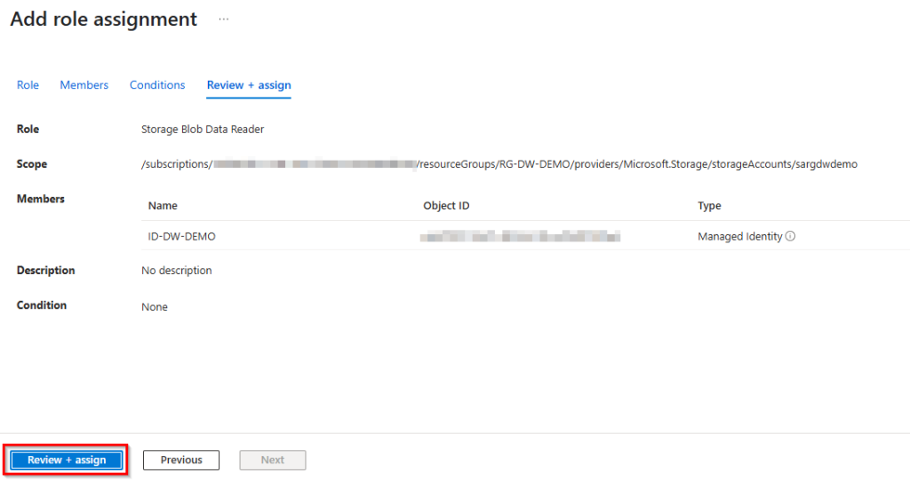 Images shows the summary of the add  role assignment process.
